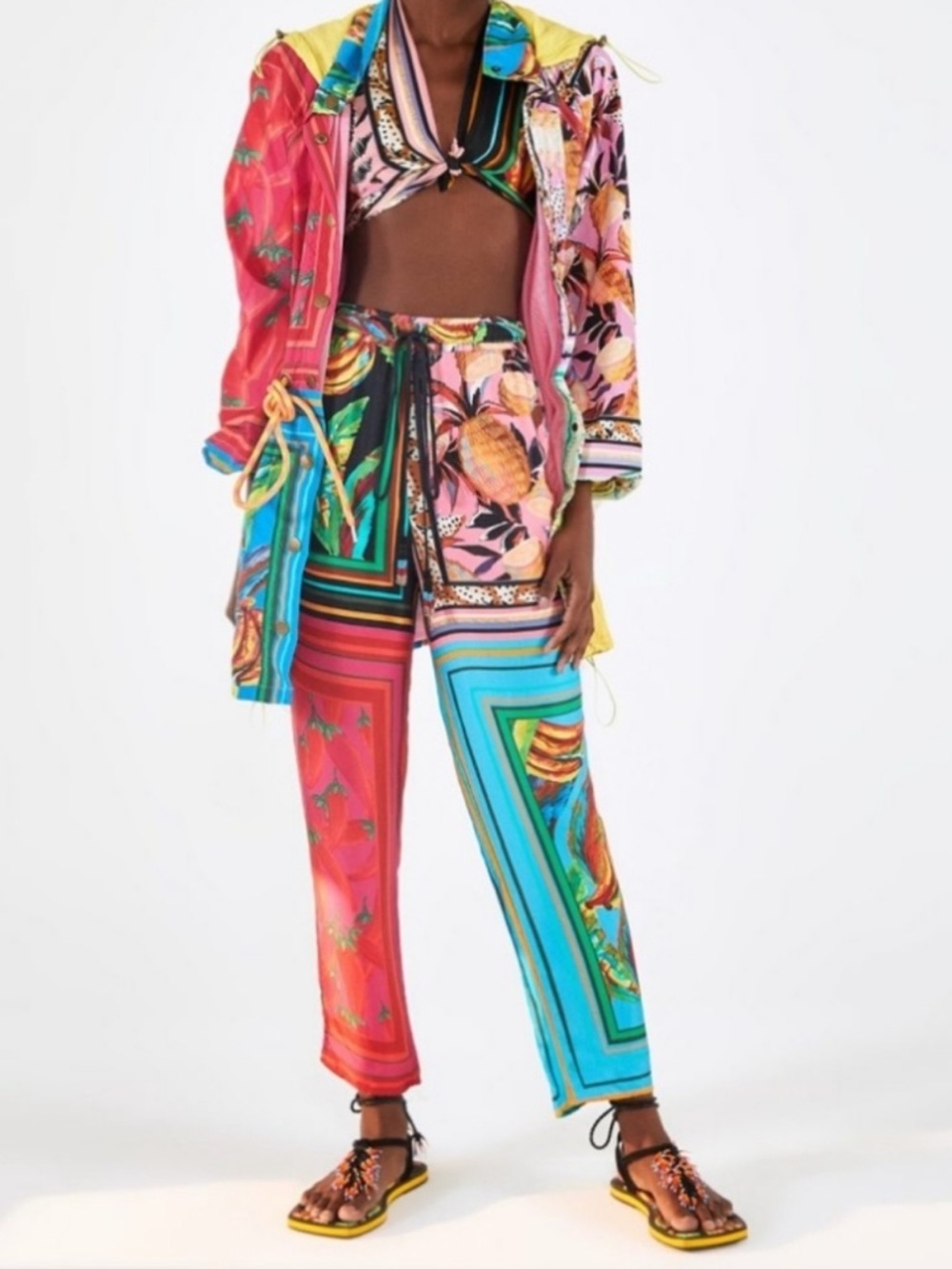 Farm Rio scarf silk pants beaded tassels XS colorful
